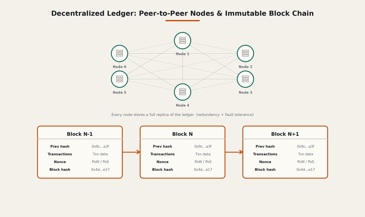 Decentralized ledger: peer-to-peer nodes and the immutable block chain